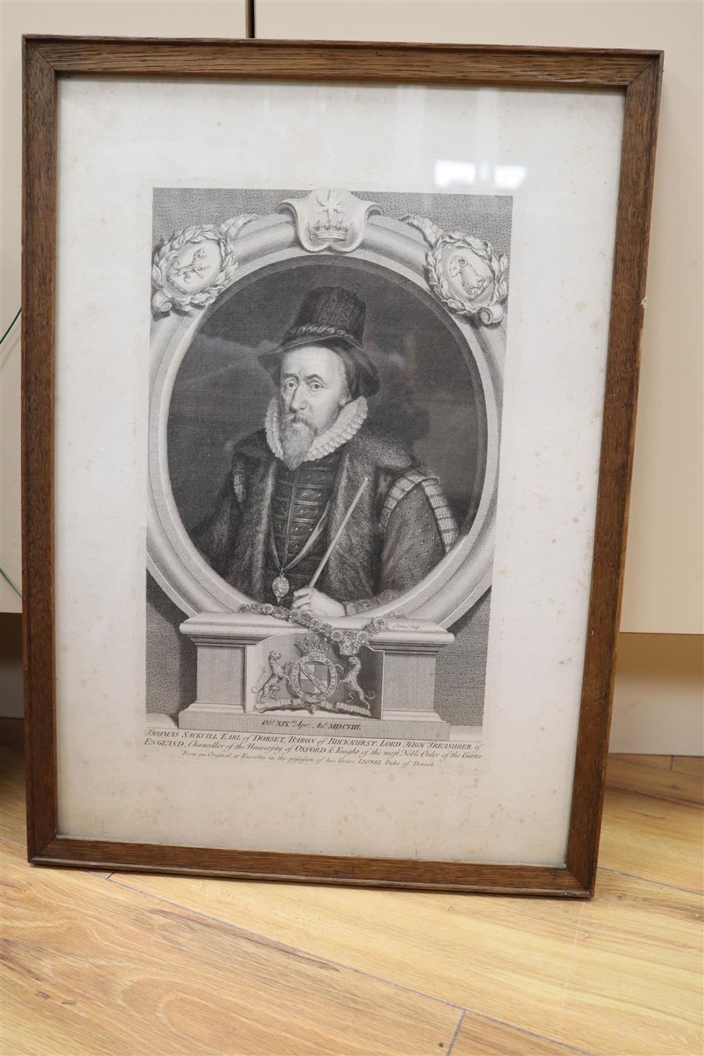 An 18th century engraved portrait of Thomas Sackville, Earl of Dorset, overall 48 x 34cm